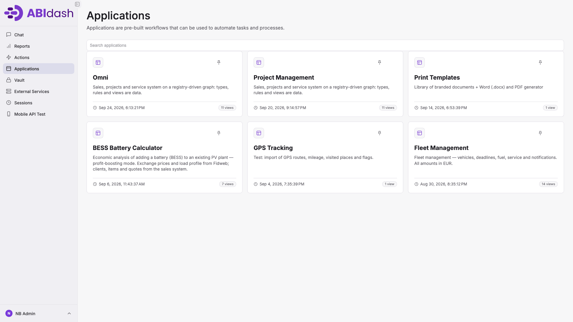 Applications list in ABIdash