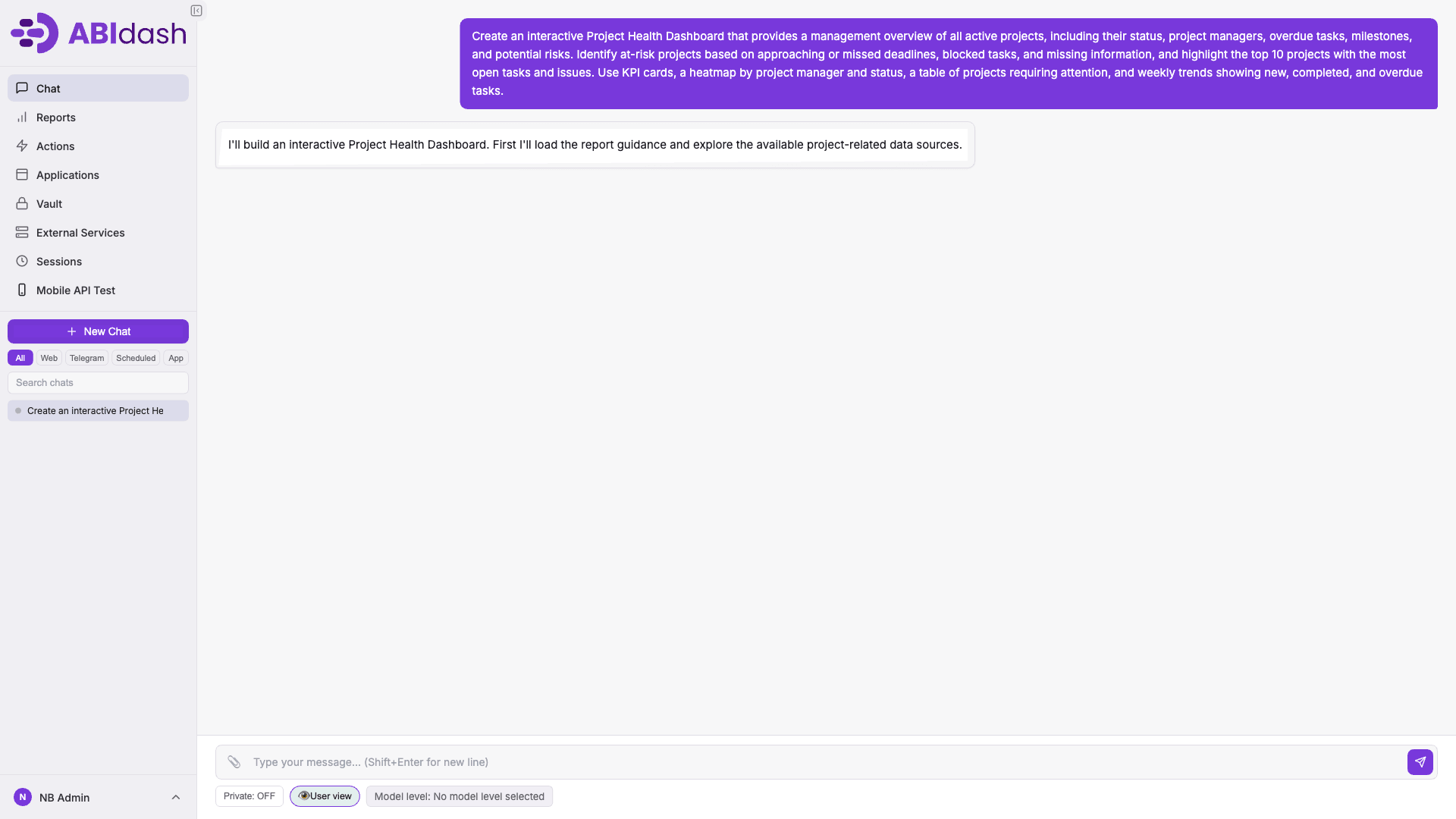 A request typed into the ABI chat
