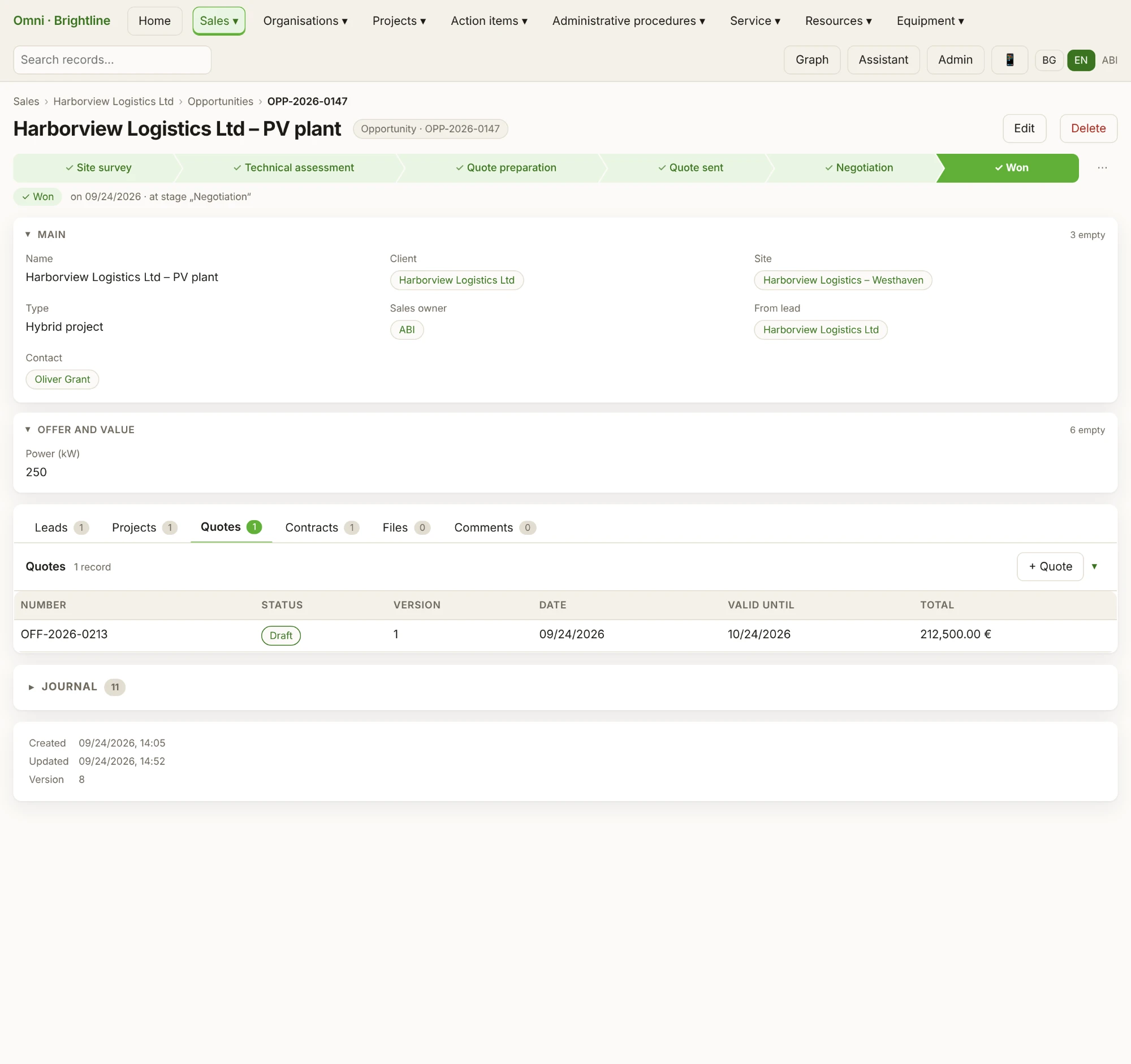 CRM opportunity in ABIdash marked as won