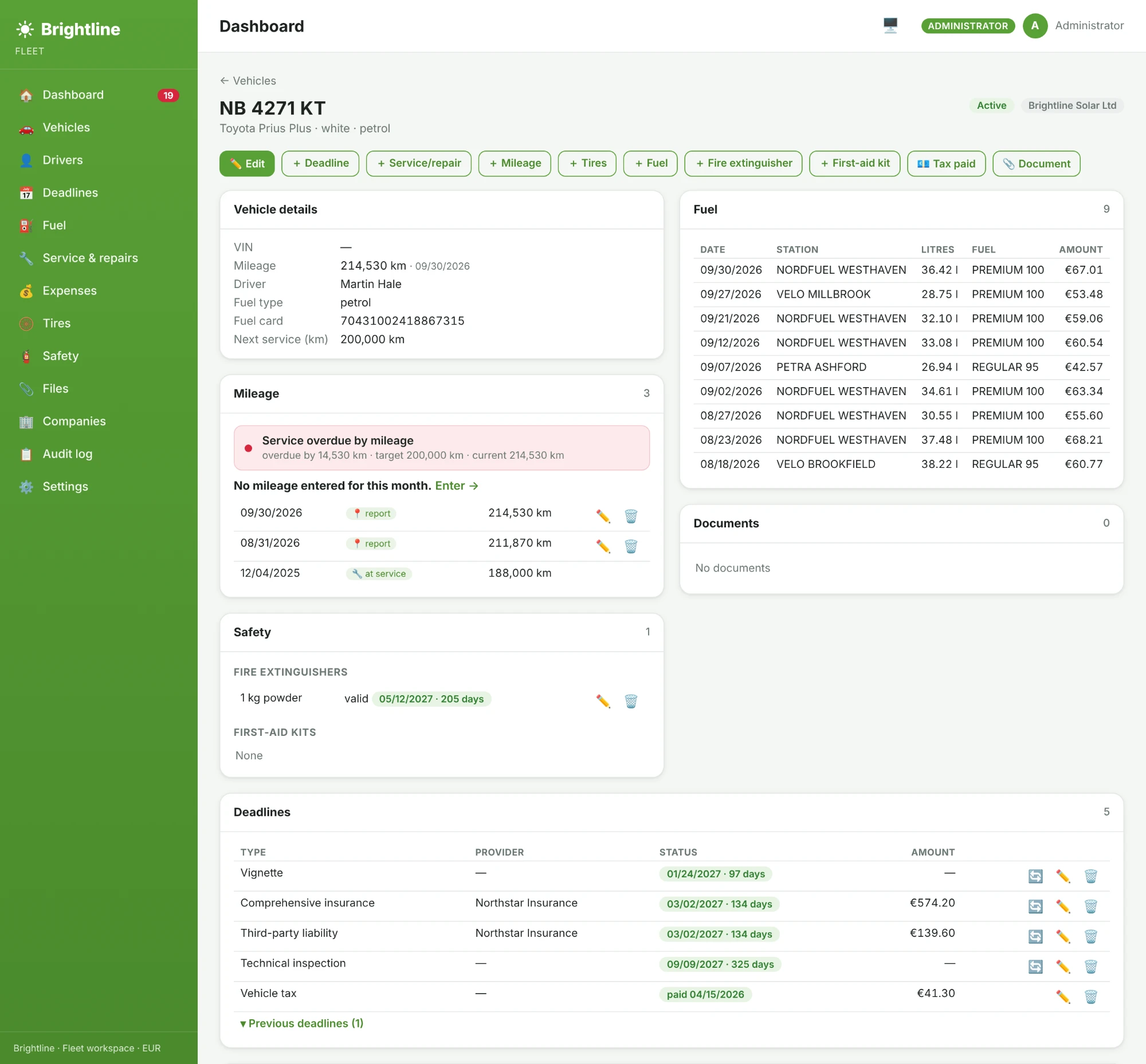 Fleet management module built by Solarity in ABIdash, showing a vehicle's details, fuel records, mileage and deadlines